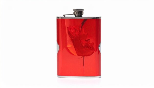 Glossy red hip flask with metallic cap on white surface—evoking bold utility, sleek design, and the discreet choreography of style, portability, and personal ritual.