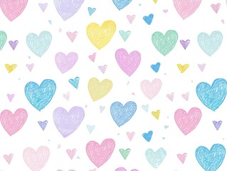 Colorful Hearts Pattern Hand Drawn on White. For Valentine's Day, Baby shower