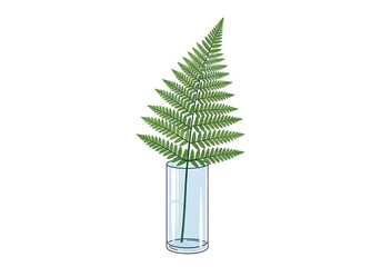 A detailed illustration of a green fern frond placed inside a clear glass vase.