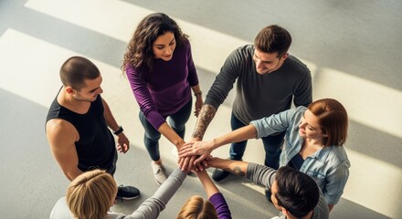 A diverse group collaborating as a supportive team, unified in their shared purpose. Their joined hands symbolize unity and teamwork.