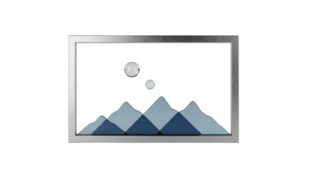 Isolated illustration of framed modern graphic with peaks, blue mountainscape, and shiny spheres