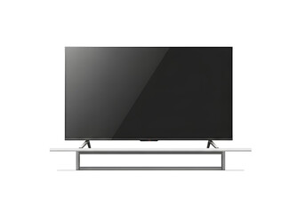 A modern flat-screen television set displayed on a minimalist white stand, isolated.