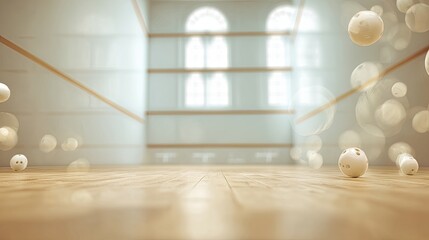 A spacious indoor court with floating balls, bright lighting, and a polished wooden floor, creating a dynamic and energetic atmosphere, cute blurred sport frame