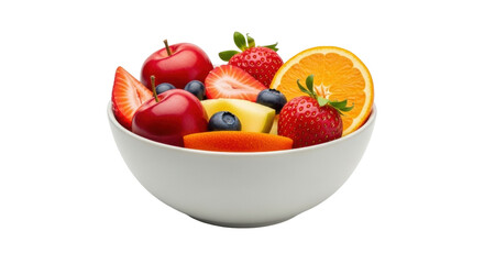 Isolated bowl of mixed colorful fruits includes apples, strawberries, oranges and blueberries
