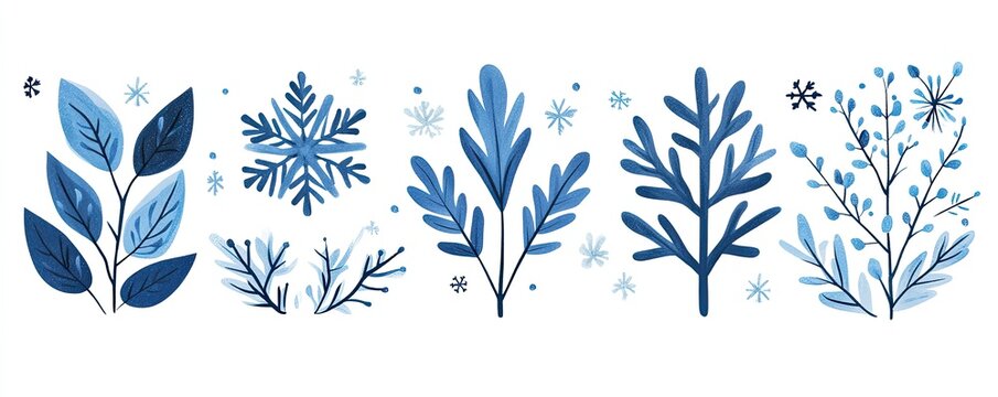 Winter-themed graphic elements.  Stylized blue leaves, branches, and snowflakes are set against a white background.  Each element is distinct and features smooth, painted-like edges