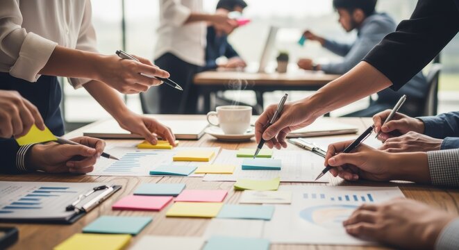 A group of colleagues collaborating in an office, working on documents and charts together. The image conveys teamwork and communication as they engage in a planning session.