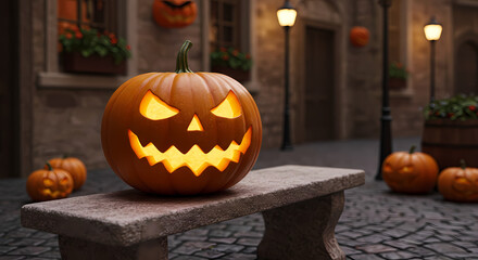 Obraz premium Glowing Jack-o'-Lantern on a Stone Bench in a Charming Old Town Square during Halloween Night