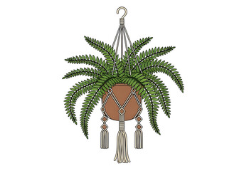 Detailed illustration of a lush green fern plant in a brown macrame hanging planter with tassels, isolated on white.