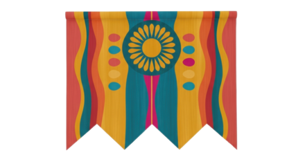 Isolated colorful party banner decoration with sun motif, vector pennant shape, festival