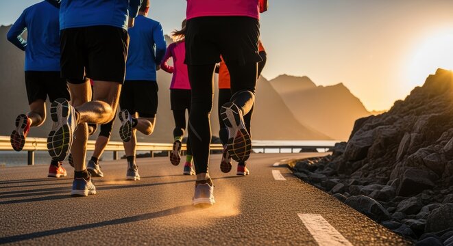 A group of runners jog along a coastal path at sunset, with mountains in the background. The runners' legs and feet are the focal point, showcasing their momentum and movement.