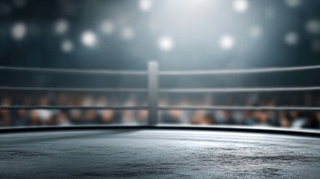 A dimly lit boxing ring with a focus on the center platform, surrounded by blurred audience lights, creating an intense atmosphere, cute blurred sport frame