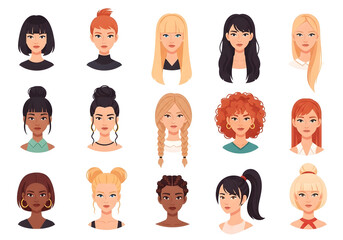 A diverse collection of women's hairstyles and portraits, showcasing various ethnicities and styles.