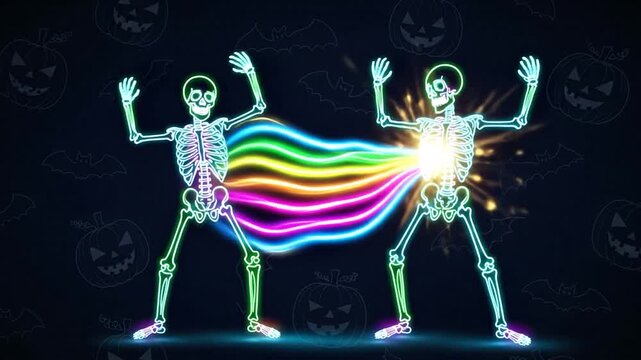 Dancing skeleton animation with vibrant neon flare echo for Halloween
