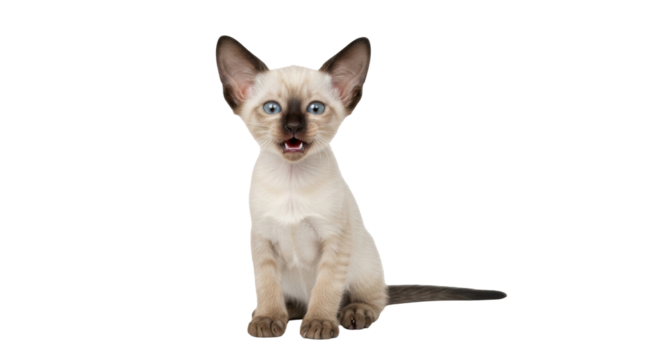 Isolated seal point Siamese kitten sitting looking directly at viewer, mouth open slightly - Powered by Adobe