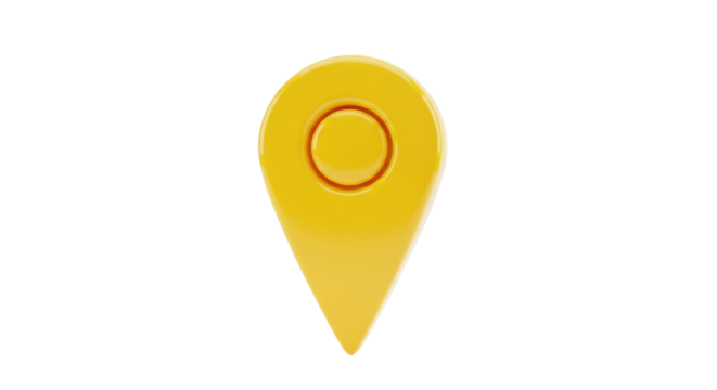 Isolated bright yellow location pin, used for travel maps, destination or GPS navigation