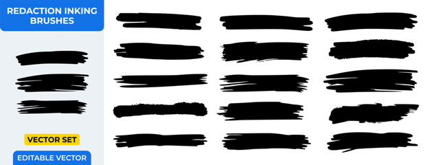 Vector Redaction Inking Brushes Set, Black Grunge Paint Strokes and Elements, Hand Drawn Abstract Marker Scribble Texture for Underline and Graphic Design