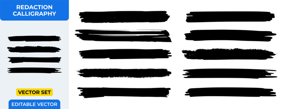 Vector Black Ink Brush Stroke Set for Redaction, Underline, and Grunge Texture Overlay, Isolated Hand-Drawn Abstract Marker Scribble Calligraphy Element for Graphic Design
