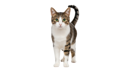 Isolated feline pet animal with green eyes and striped tail stands facing the viewer