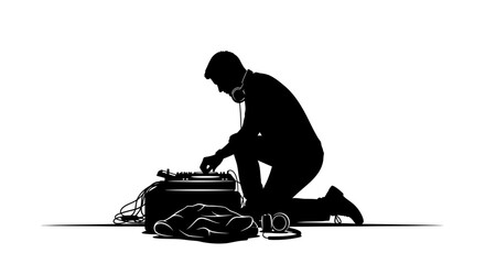 Dynamic DJ silhouette crafting beats with turntable, creating energetic party vibes for clubs and events