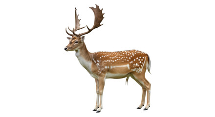 Isolated fallow deer with antlers stands in a field, a dappled animal with brown fur