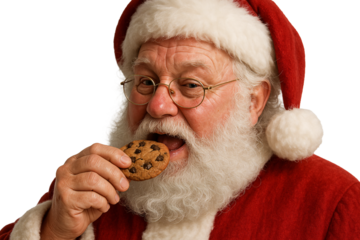 Santa Claus eating cookies on a transparent background. Winter holidays. Marketing. Advertisement.