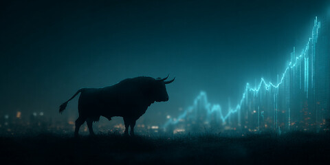 bull silhouette against glowing financial graph symbolizes market growth