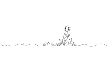 Grass and flowers continuous one line drawing minimalist style outline vector illustration isolated