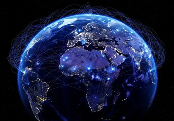 A glowing digital earth at night, with illuminated cities and interconnected network lines, representing global communication and data