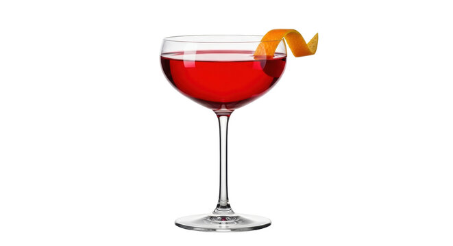 Isolated red cocktail in coupe glass with orange zest garnish, bar drink presentation