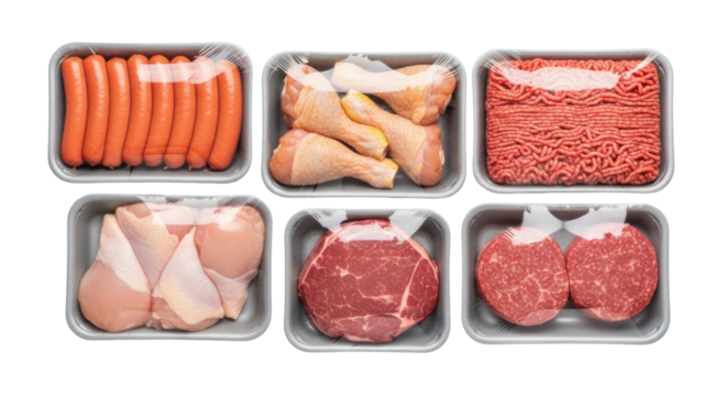 Isolated, assortment of different types of meat food in grey trays, packaging, wrapped plastic