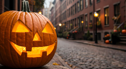 Fototapeta premium Glowing Jack-o'-Lantern on a Cobblestone Street During Halloween Night