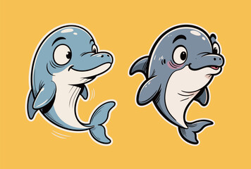 Two different cartoon dolphin characters with happy, glossy expressions swimming playfully, illustrated in a retro, vibrant sticker-style vector on a yellow background.