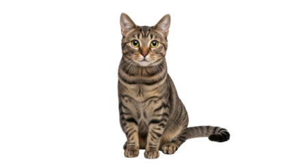 Isolated striped tabby cat sitting up straight indoors looking forward attentively quietly