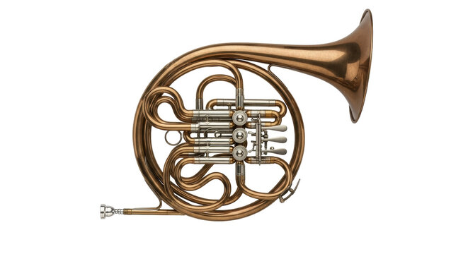 Isolated French horn brass instrument, musical instrument for orchestra and classical music