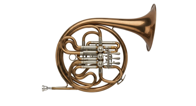 Isolated French horn brass instrument, musical instrument for orchestra and classical music