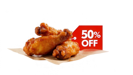 Delicious fried chicken wings with a 50% off promotion tag.