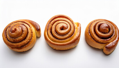 Fototapeta premium Three Freshly Baked Cinnamon Rolls With Golden Brown Pastry And Swirls Of Cinnamon Filling On A White Background