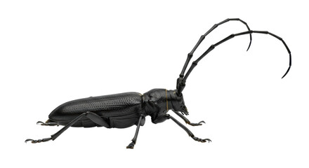 Isolated black longhorn beetle with curled antennae, facing right, against neutral tone