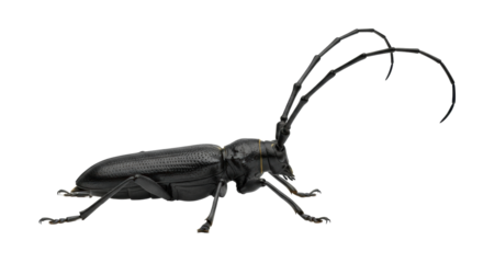 Isolated black longhorn beetle with curled antennae, facing right, against neutral tone