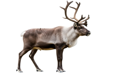 Isolated majestic caribou with impressive antlers poses in profile, looking right