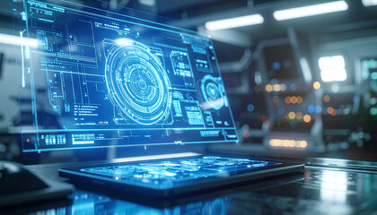 Future Interface Design: The image depicts a futuristic, high-tech digital interface, rendered with precision and clarity, highlighting a tablet displaying complex data and control panels. 