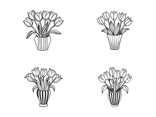 Black and White Tulip Bouquets Vector Icon Set in Striped Vases