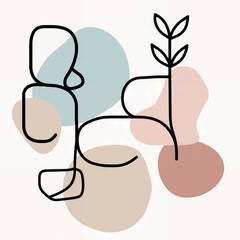 Abstract minimalist line art with organic shapes and muted pastel colors, a modern artistic composition