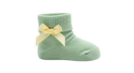 Isolated mint baby sock with a yellow bow for a newborn infant or young toddler child
