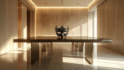 Minimalist Corporate Meeting Room with Single Venetian Lace Mask and Dramatic Shadow