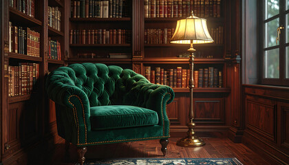Luxury Dark Academia Reading Nook: Emerald Velvet Armchair by Mahogany Bookshelf
