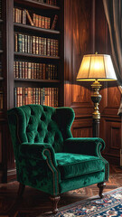 Luxury Dark Academia Reading Nook: Emerald Velvet Armchair by Mahogany Bookshelf