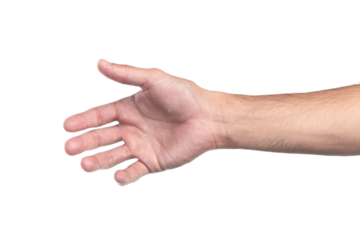 man hand holding something like a bottle on white background