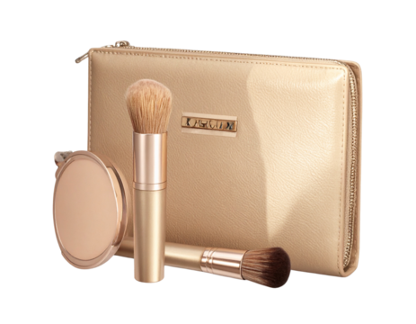  Stylish Cosmetic Clutch with Mirror and Makeup Brush Isolated on Transparent Background
