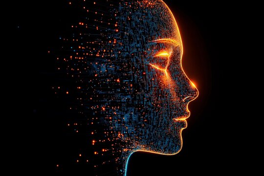 Glowing pixelized face with vibrant colors and digital effects depicting an abstract human figure in a creative concept
